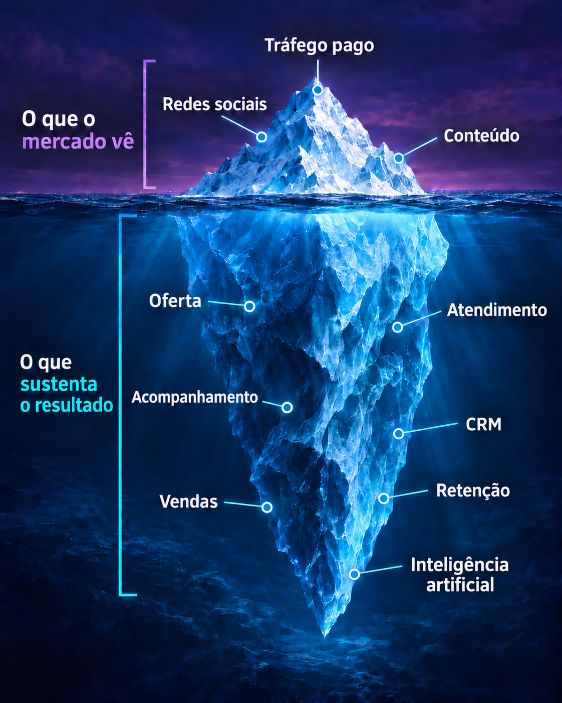 Iceberg da jornada de compra: tráfego pago, redes sociais e conteúdo aparecem na superfície; oferta, atendimento, acompanhamento, CRM, vendas, retenção e inteligência artificial sustentam o resultado abaixo dela